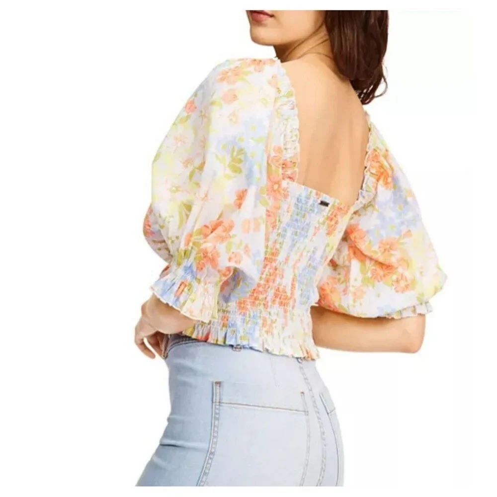 Billabong Feeling Groovy Puff Sleeve Floral Smocked Crop Blouse Top Blue Small - Picture 2 of 10